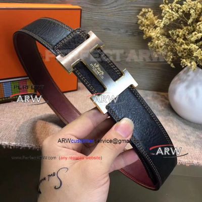 Perfect Replica Black Leather Belt Dark Red Back Thread With Stainless Steel Buckle